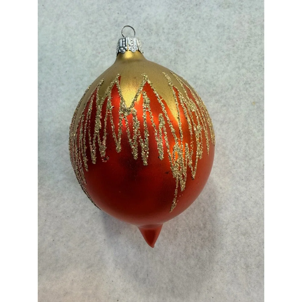 Vintage Style Glass Christmas Ornament Orange Gold Glitter Icicle Teardrop 4.5in